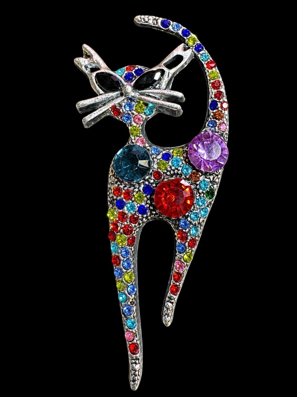 Multicolor Rhinestone Cat Brooch